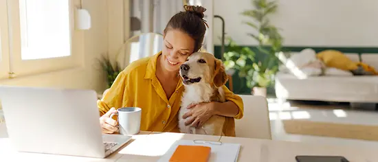 Golden Retriever mit Besitzerin am Tisch 